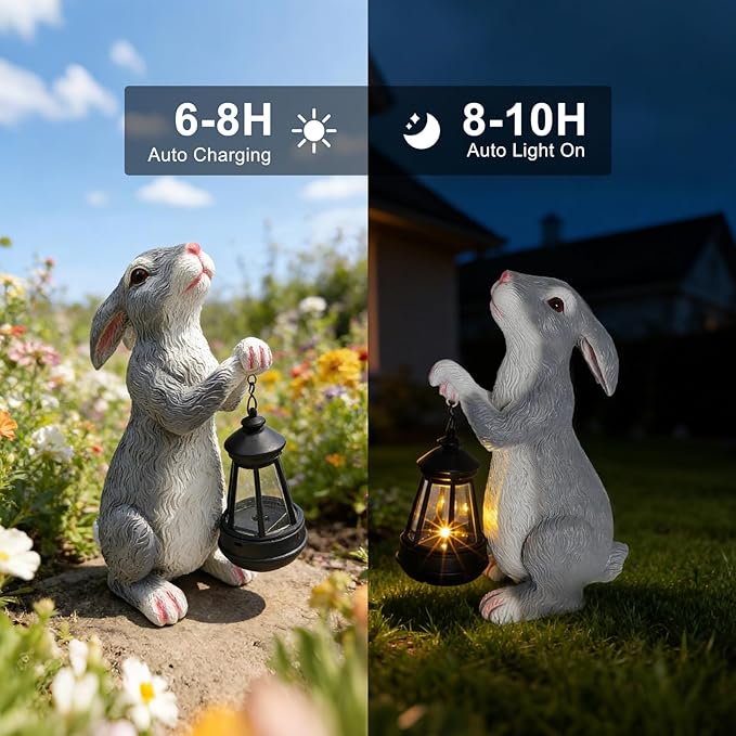 Solar Rabbit Garden Statue with Glowing Lantern - Weatherproof Resin Outdoor Decor for Yard, Patio, Lawn & Balcony, Unique Housewarming, Easter & Birthday Gift for Women, Mom, Grandma