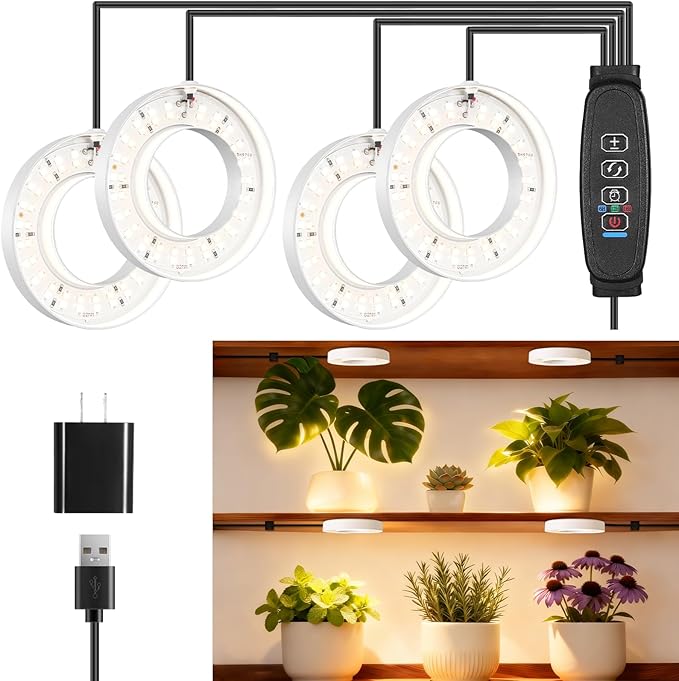 LED Plant Growth Lights for Indoor Plants, Warm+White Full Spectrum 3.54" Grow Lamps for Plant Growth with 6/12/16H Timer, 3 Spectral Modes, 10 Dimmable Levels, Halo Angel Ring White (4 Head)