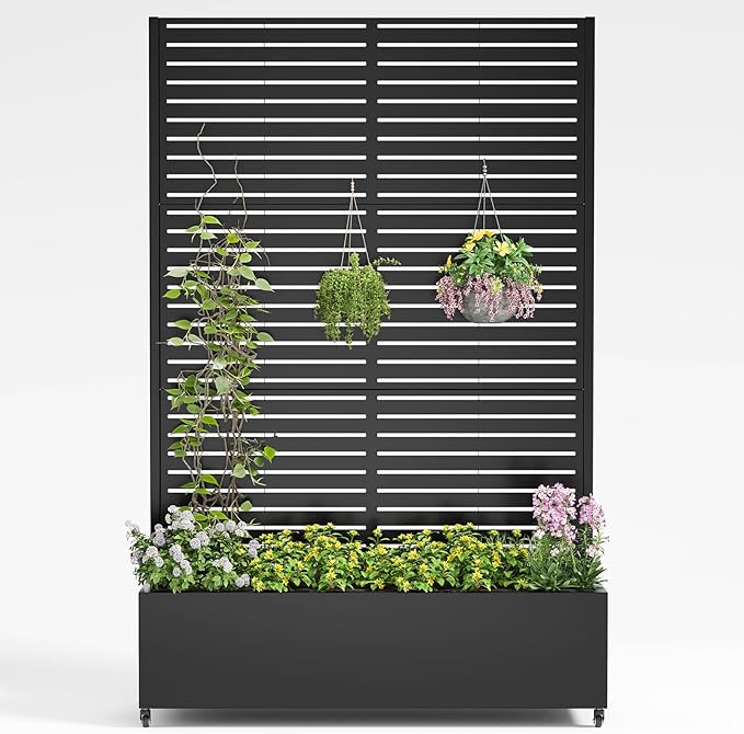 Metal Planter Box with Trellis,72"x47"x15.7",Galvanized Raised Garden Bed Trellis Outdoor Planter with Privacy Screen & Wheels and Drainage Holes,for Patio Climbing Vegetables,Flowers,Vines,Black