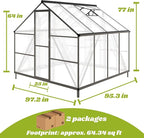 8x8 FT Greenhouse for Outdoors, Polycarbonate Greenhouse with Quick Setup Structure and Roof Vent, Aluminum Large Walk-in Green House for Outside Garden Backyard, Dark Gray