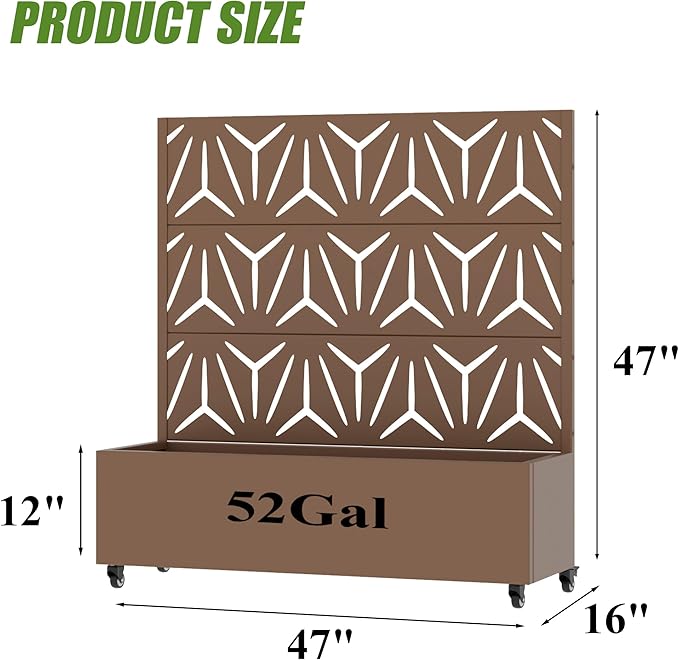 Casaphoria Metal Raised Garden Bed with Trellis and Wheels, 47"x47"x16" Planter Box for Climbing Plants, Vegetables & Vines, Features Drainage Holes and Privacy Screen, Brown-Star