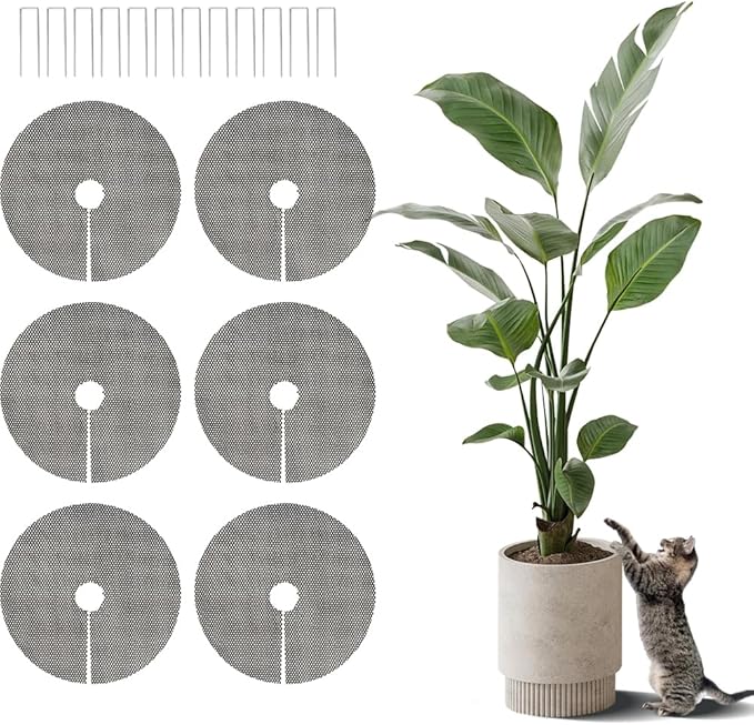 6Pcs 11.8 Inch Plant Pot Protector from Cats, Cuttable Indoor Plant Protector from Animals with 12 Ground Stakes