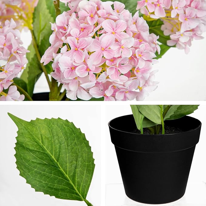 18" Hydrangea Artificial Flowers Plant in Black Plastic Pot, Faux Hydrangeas Plants for Home Office Indoor Outdoor Decor, Realistic Floral Centerpiece for Living Room & Porch Decorations, Pink