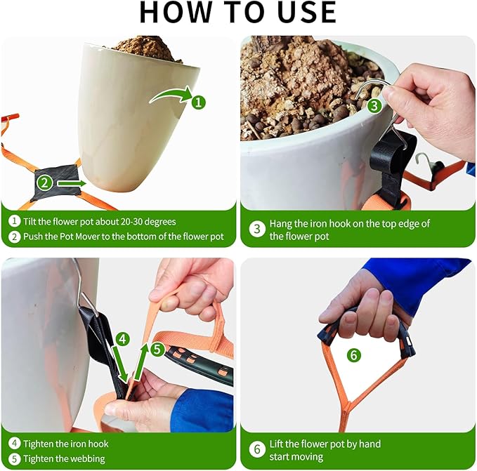Potted Plant Mover，Plant Lifting Straps for Garden Flower Pots, Planters，Rocks, Trees，Easily Lift and Move Heavy Items Up to 250 Pounds, Large Size,Orange，Patent Pending