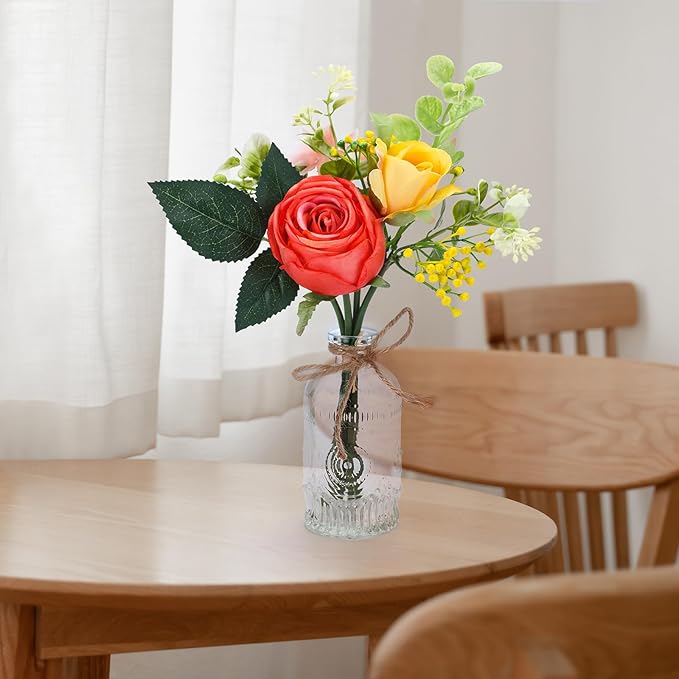 AFRITEE Artificial Flowers with Small Vase - Orange Potted Fall Rose Floral Arrangements Artificial with Small Vase for Home Living Office Wedding Coffee Centerpiece Table