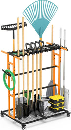CCCEI Garage Organization with Wheels, Outdoor Gargen Yard Shed Tools Organizer Cart, Home Storage for Cleaning Supplies, Broom Holder, for Shovel and Rake, Long Farming and Farming Tools, Orange.