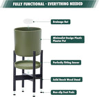 D'vine Dev Planter Pot with Stand - 14 Inch Plastic Cylinder Flower Pot with Wood Planter Holder for Indoor, Olive Pot + Ebony Stand, 55-C-T-3