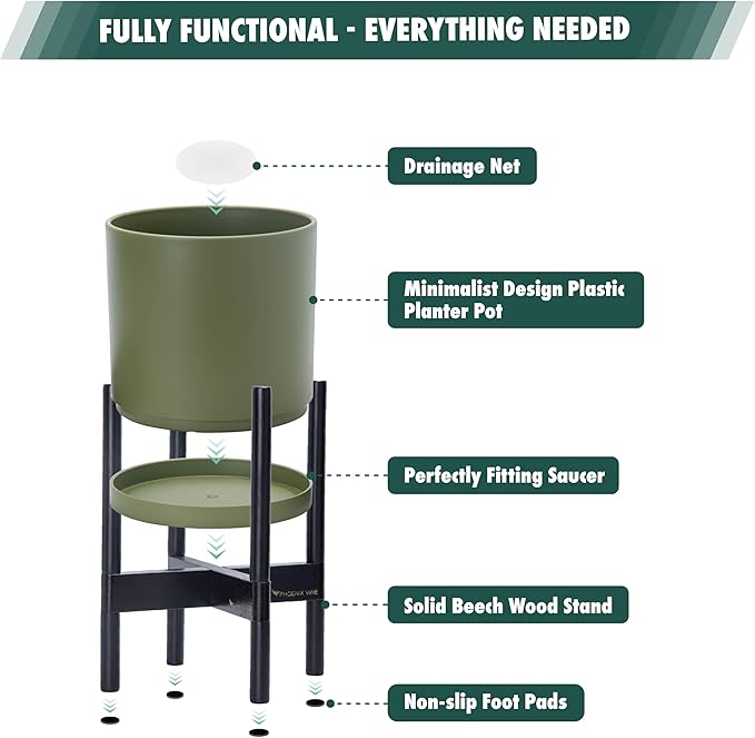 D'vine Dev Planter Pot with Stand - 14 Inch Plastic Cylinder Flower Pot with Wood Planter Holder for Indoor, Olive Pot + Ebony Stand, 55-C-T-3