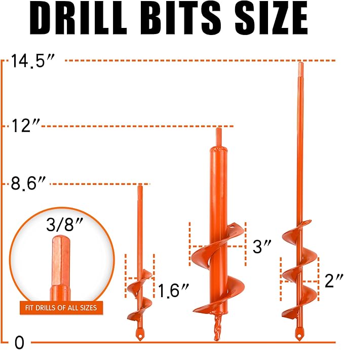 Auger Drill Bit for Planting Set of 3, (1.6x8.6, 3x12, 2x14.5) for 3/8" Hex Drive Drill, Easy Planter Garden Auger, for Post Hole Digger Bulb Bedding Digging Plant Rapid Planter