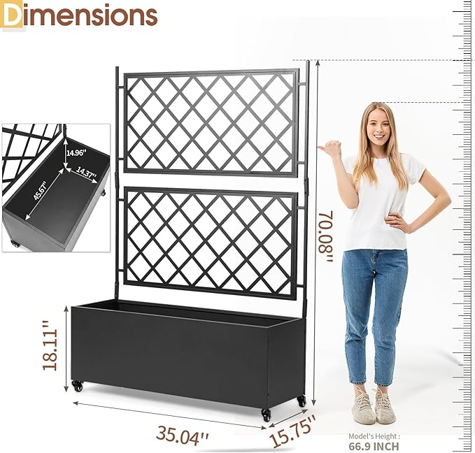 VINGLI 71″H Metal Raised Garden Bed with Trellis and Wheels, Outdoor Planter Box with Drainage Holes for Climbing Plants, Vegetables and Vines, Privacy Screen, for Patio, Backyard and Balcony, Black