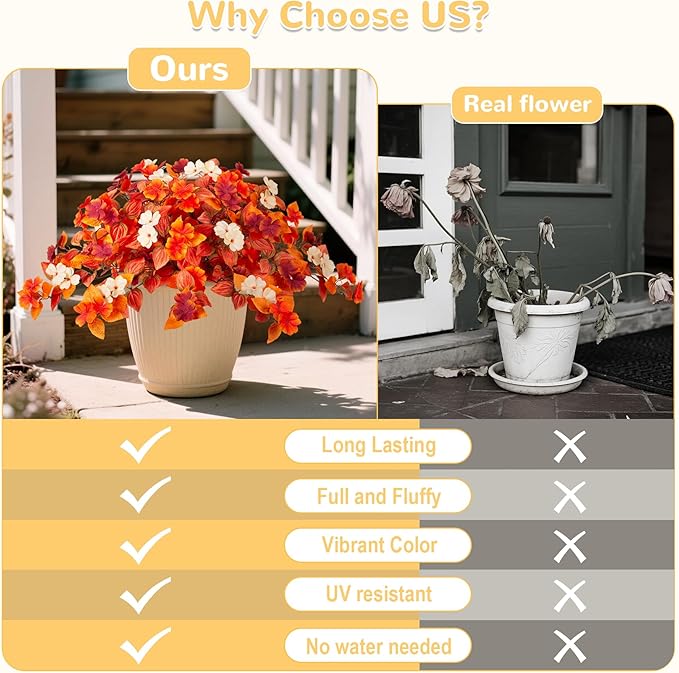 INXUGAO Fake Fall Flowers Artificial for Decoration 2PCS Faux Silk Fall Flowers Plants for Outdoors Outside Planters UV Resistant Looks Real for Front Door Porch Patio Garden Decor