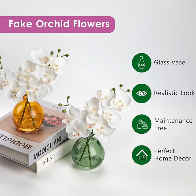 Oairse White Orchids Artificial Flowers Faux Orchid Arrangement with Light Green Glass Vase Set of 2 Real Touch Phalaenopsis Orchid Flowers Orchid Centerpiece for Dining Room Table