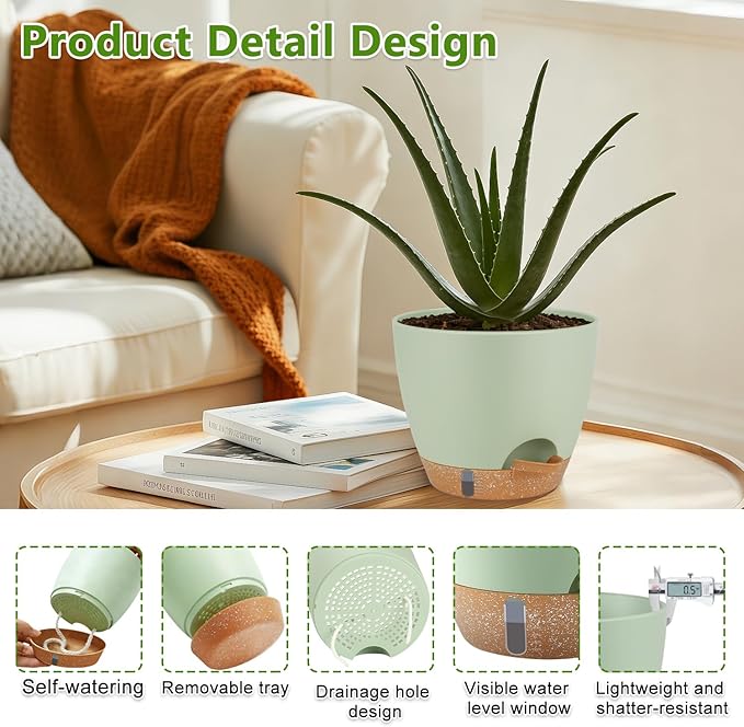 QRRICA Plant Pots 10/9/8/7.5/7 Inch Self Watering Pots, with Drainage Holes and Saucers,Water Level Indicator & Deep Reservoir,Large Plastic Planter for Indoor Out Door Plants (Green)