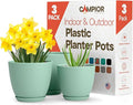 Planter Pots with Drainage Holes - Lightweight, Durable, & Space-Saving Pots for Indoor and Outdoor - Versatile Functionality, Simple Modern Design, Set of 3 Plastic Planter Pots Mint