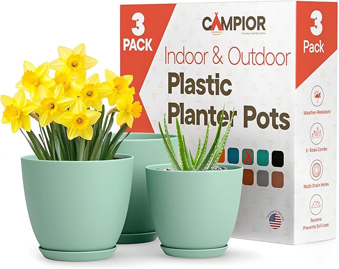 Planter Pots with Drainage Holes - Lightweight, Durable, & Space-Saving Pots for Indoor and Outdoor - Versatile Functionality, Simple Modern Design, Set of 3 Plastic Planter Pots Mint
