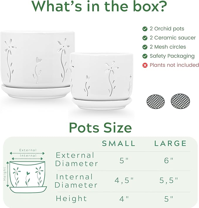 2 Pack, 5 + 6 Inch White Orchid Pots with Holes and Saucer, Ceramic Orchid Planters for Repotting with Drainage Holes and Tray, Plant Flower Pot containers for Orchid Indoor Outdoor