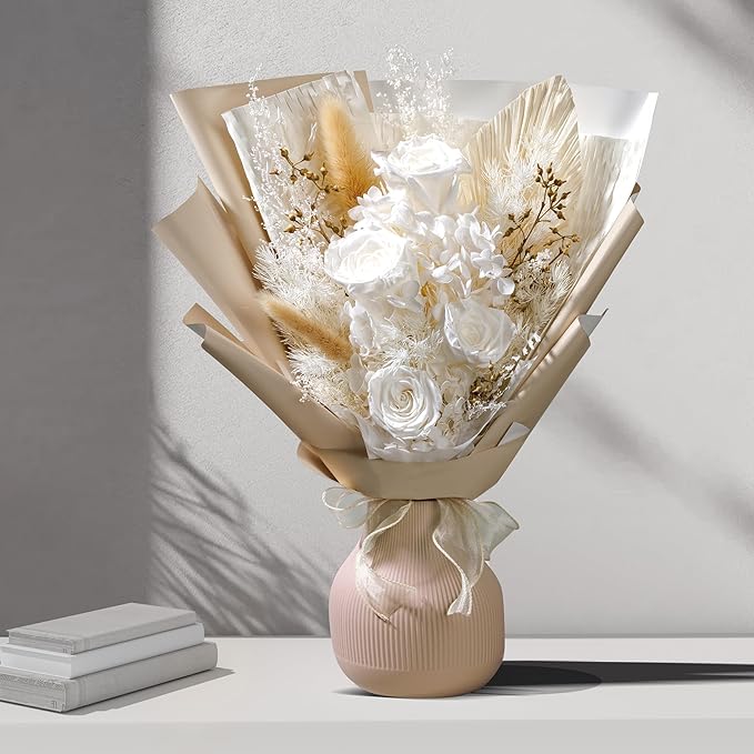 Bonsion Preserved Flowers Gifts for Women, Flower for Delivery, White Roses Gifts fo Her, Preserved Roses Bouquets, Birthday Gifts for Grandma, Mothers Day Flowers for Wife