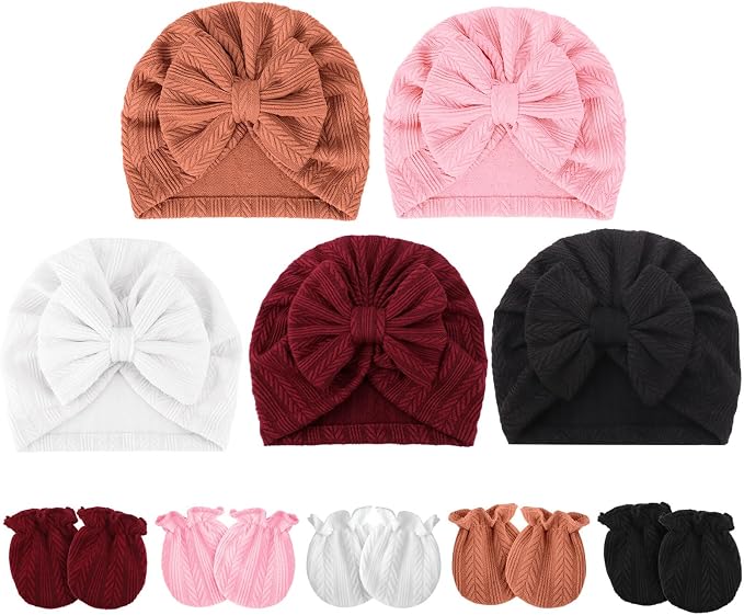 BQUBO Baby Turban Hats and Mittens Set Newborn Infant Hospital Hats Caps with Bows for Baby Boys Girls 0-12 Months