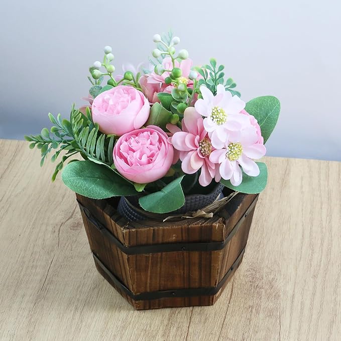 MY MIRONEY Plant Pots, Vintage Wooden Barrel Planter - Solid Rustic Garden Flower Pot with Metal Handles & Frame for Indoor Planter, Office Home Decor, Garden Home Plants, 6.5" x 3.94"