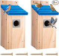 Dreyoo 2 Pack Bluebird Box Houses for Outside,1-1/2'' Entrance Hole Wooden Bird Houses with Metal Guard, Secure Latch,Fledgling Grooves,Air Vents for Bluebird Wren Swallow(Blue Roof, Wood Body)