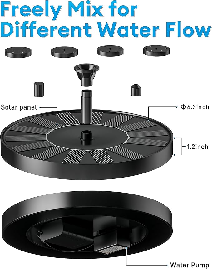 2.5W Solar Bird Bath Fountains– Upgraded Solar Pond Fountain with 6 Nozzles,Solar Fountain for Bird Bath, Pond, Garden Decor (Black)