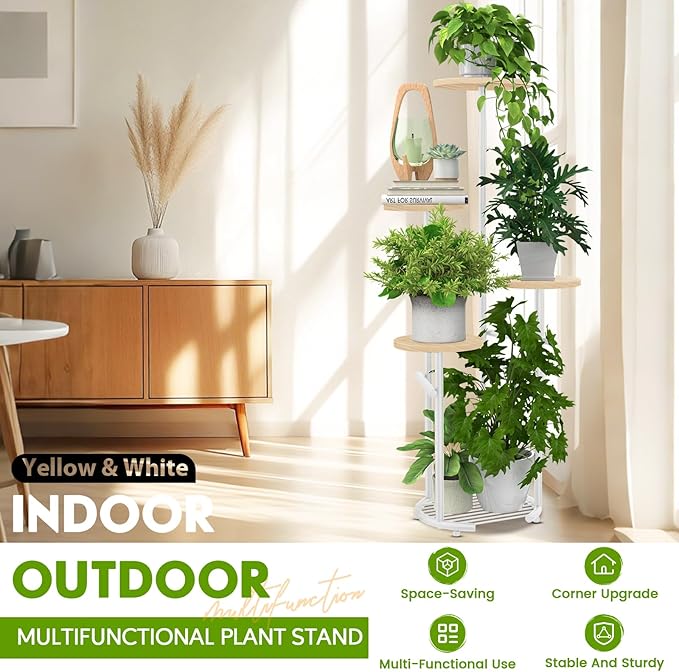 TOSKING 5-Tier Thickened Metal Plant Stand, Anti-Tip Round Base for Pots, Child & Pet Friendly, Corner Shelf Flower Pot for Multiple Plants, Indoor Outdoor Use for Living Room Balcony Patio Garden (White and Wood, 42in)