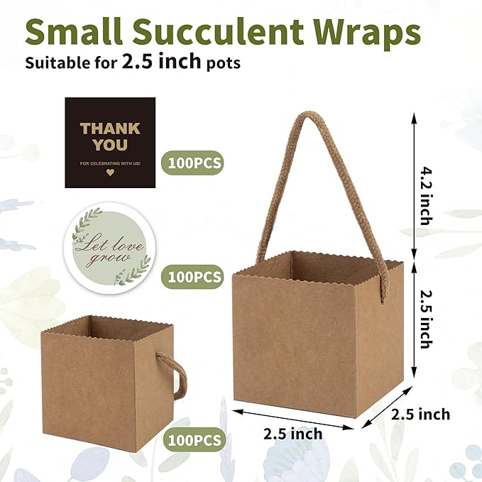 Temlum 2.5 Inch Succulent Wrap Bags (Fits 2.5″ Pots) with Thank You & Let Love Grow Stickers, Small Gift Box for Wedding, Baby Shower, Succulent Party Favors for Guests (Brown 100pcs)