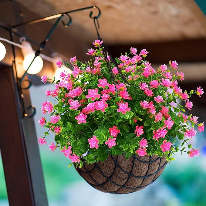 12 Bundles Outdoor Artificial Flowers UV Resistant Fake Boxwood Plants, Faux Greenery for Indoor Outside Hanging Plants Garden Porch Window Box Home Wedding Farmhouse Décor (Pink)
