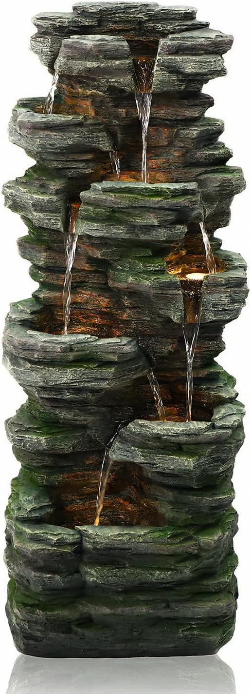46" H Outdoor Water Fountain, 7-Tiers Cascading Rock Waterfall Fountain with 6 Warm LED Lights, Large Water Feature for Outdoor Indoor, Garden Water Fountain for Patio, Yark, Deck, Porch, Home Decor