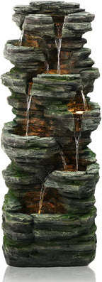 46" H Outdoor Water Fountain, 7-Tiers Cascading Rock Waterfall Fountain with 6 Warm LED Lights, Large Water Feature for Outdoor Indoor, Garden Water Fountain for Patio, Yark, Deck, Porch, Home Decor