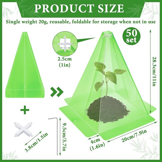 Garden Cloches for Plants, 50 Pieces Reusable Plastic Plant Seedling Protector with 100pcs Metal Stakes, Green Transparent Bell Jar Cloches to Protect Plants from Birds, Slugs, Sun, Freeze Weather