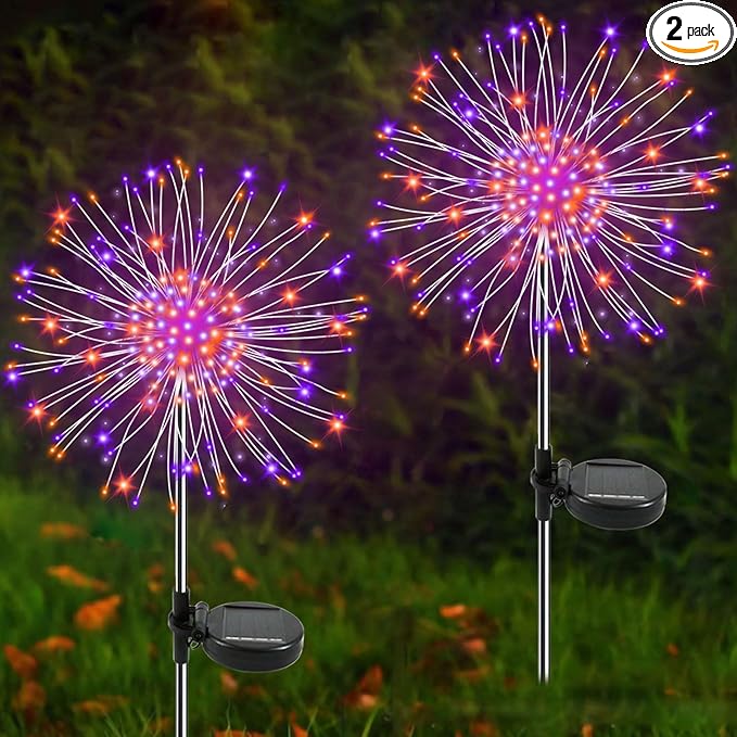 Solar Garden Lights Outdoor, 2 Pack 120 LED Twinkling Firework Lights Decorative with 2 Modes, Outdoor Waterproof Solar Starburst Light for Outside Yard Pathway Garden Decor, Purple + Orange