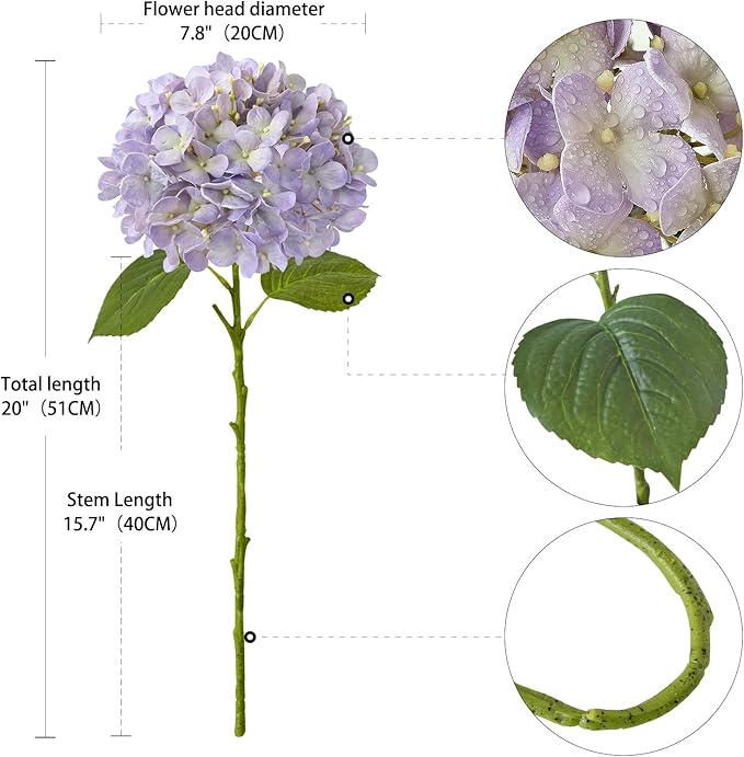 ZYTUYO 20inch 4PCS LilacLight Purple Hydrangea Artificial Flowers Lilac Real Touch Fake Hydrangeas with Long Stem for Indoor Outdoor Porch Living Room Home Decor Party Wedding Xmas Table Centerpieces