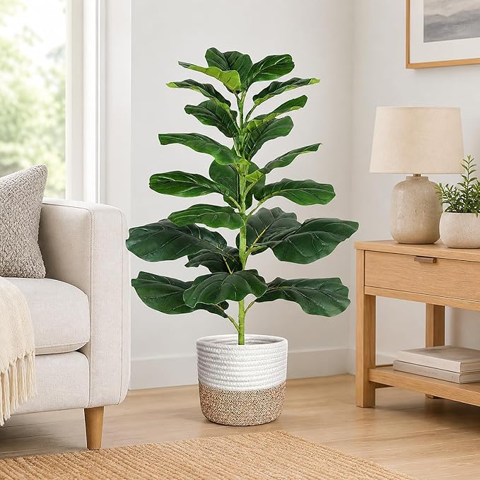30" Artificial Fiddle Leaf Fig Tree, Realistic Fake Plants Faux Trees Indoor with Cotton Rope Basket, Artificial Plants Indoor for Apartment Home Living Room Office Decor