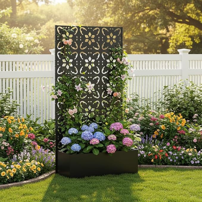 QINPTWUT Cottage Romance Edition Privacy Screen Planter Box with Trellis, Metal Raised Garden Bed for Climbing Plants, 27 Gallon Outdoor Divider for Patio Balcony Backyard, Easy Assembly