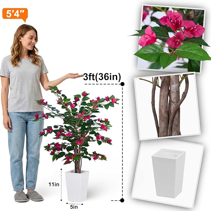 Aveyas 3ft Artificial Bougainvillea Tree with Flowers, 3 Feet Faux Floor Plant Fake Silk Blooming Trees with Pot for Indoor Outdoor Home Decor,House Living Room Office (3 ft Tall Including Raised Pot)