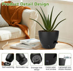 QRRICA Plant Pots 10/9/8/7.5/7 Inch Self Watering Pots, with Drainage Holes and Saucers,Water Level Indicator & Deep Reservoir,Large Plastic Planter for Indoor Out Door Plants (Pure Black)