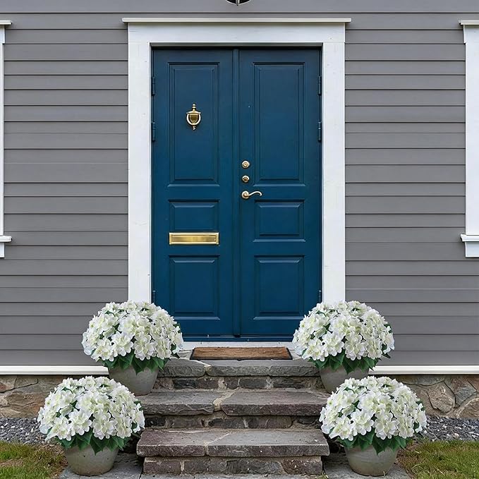 FOTEEWL 8 Bundles Artificial Hydrangea Flowers for Outdoor Decor, Realistic Faux Silk Bouquets Sun-Resistant Fake Plants for Front Door Balcony Farmhouse Garden Home Spring Summer Decor (White)