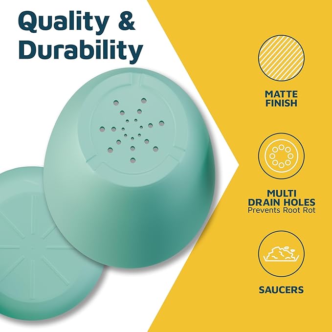Aqua Plant Pots with Drainage Holes & Saucers 15 Pack, Indoor & Outdoor Stackable Space-Saving Planters for Houseplants & Flowers, (7", 6.7", 6", 5.3", and 4.8" Inches), Durable & Weatherproof