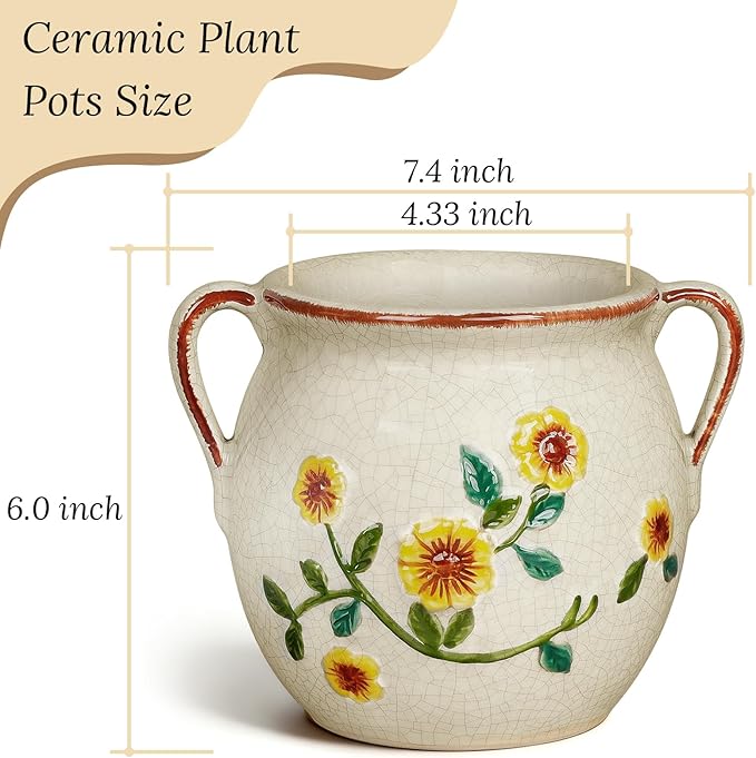 EFISPSS 6 Inch Vintage Ceramic Flower Pot with Relief Design & Handles,Ceramic Cracked Flower Pot with Drainage Hole for Indoor Plants,Tuscan Home Garden Decor (Living Room,Gift Ideas)