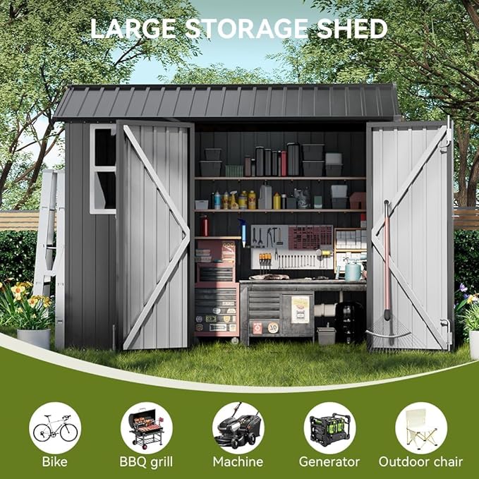 COMHOMA Shed Storage Outdoor Metal Windowed Lockable Garden Toolhouse Weatherproof Ventilated Backyard Utility Workshop(Grey,8'x6')