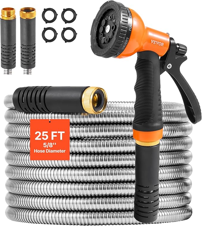 VEVOR Metal Garden Hose 25 ft, Rust Proof Stainless Steel Water Hose, Heavy Duty Backyard Hose with 10 Function Nozzle, No-Kink & Flexible Water Pipe, Lightweight Metal Hose for Yard, Outdoor