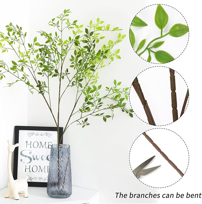 CEWOR 4pcs Artificial Plants Fake Greenery Branches for Vase, 43.3 Inch Green Nandina Long Steams for Tall Vase, Fake Plants Spring Stems for Wedding Garden Office Home Décor