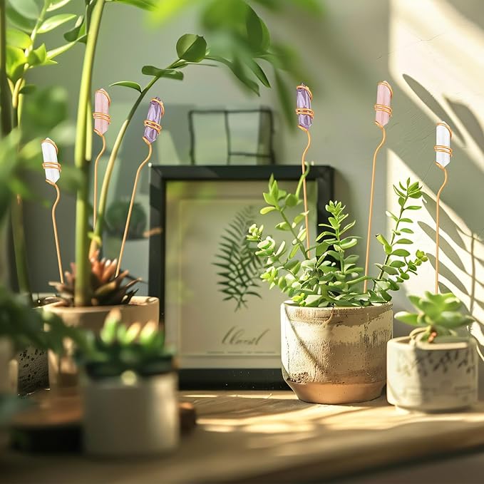 Threehoney 6 Pcs Crystal Plant Trellis for Potted Plants, 9.84'' Metal Plant Stakes with Natural Crystal Suncatcher, Indoor Outdoor Climbing Vegetation Support Stake for Home Garden Decor Gift