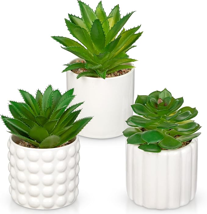 Briful Succulents Plants Artificial in White Ceramic Pots (Set of 3), Small Fake Plants for Home Office Desk Decor – Modern Mini Potted Succulents for Bathroom, Bedroom, Living Room Table, Shelf