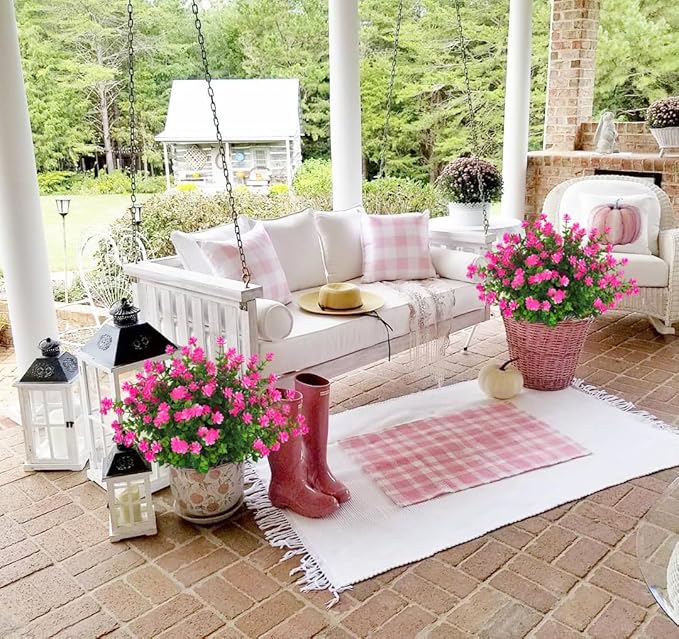 RECUTMS Faux Flowers Artificial Plants & Flowers Boxwood Springs Artificial Outdoor Flowers UV Resistant Boxwood Greenery Artificial Uv Resistant Outdoor Plants Fake Greenery Stems(Pink)