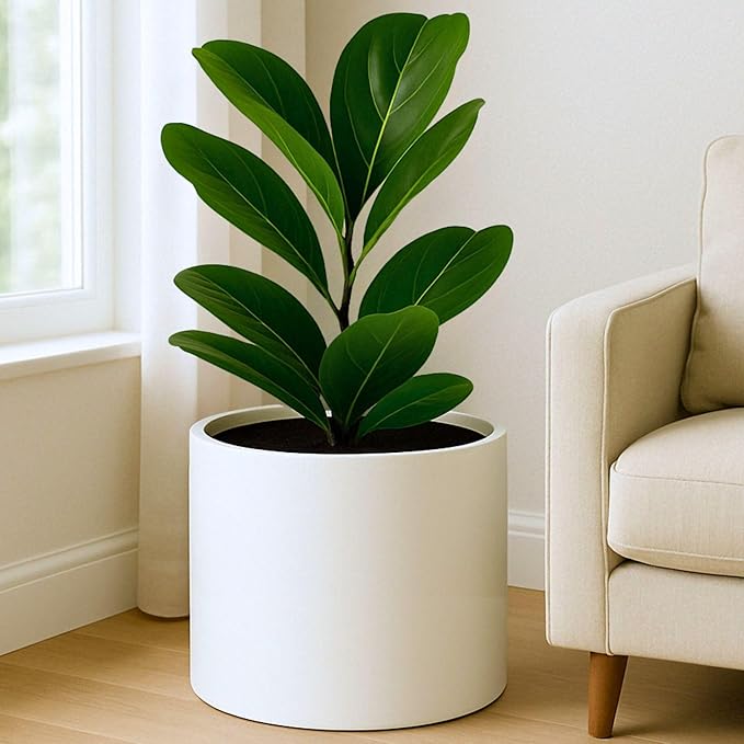 Fox & Fern 15" Large Planter Fits Plant Stand - Fiberstone - Drainage Plug - Indoor Outdoor - Matte White