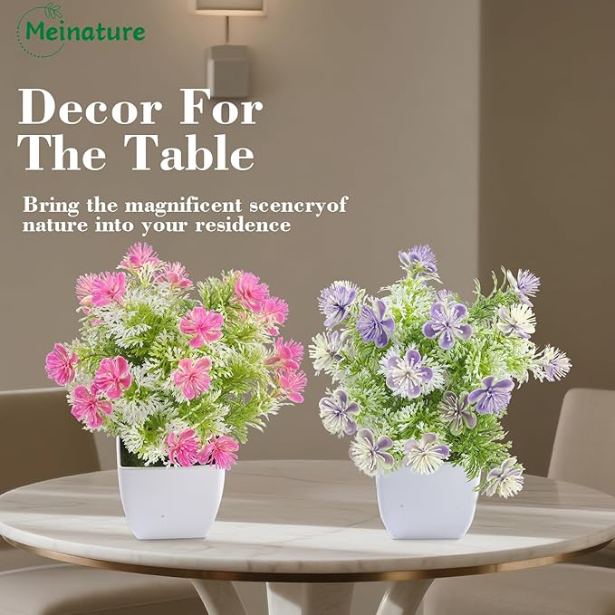 Mini Artificial Faux Plants 4 Packs, Small Fake Plants with Flowers, Black Potted Greenery for Bathroom Office Home Conference Table & Indoor Desk Decor Farmhouse Kitchen Library Restaurant
