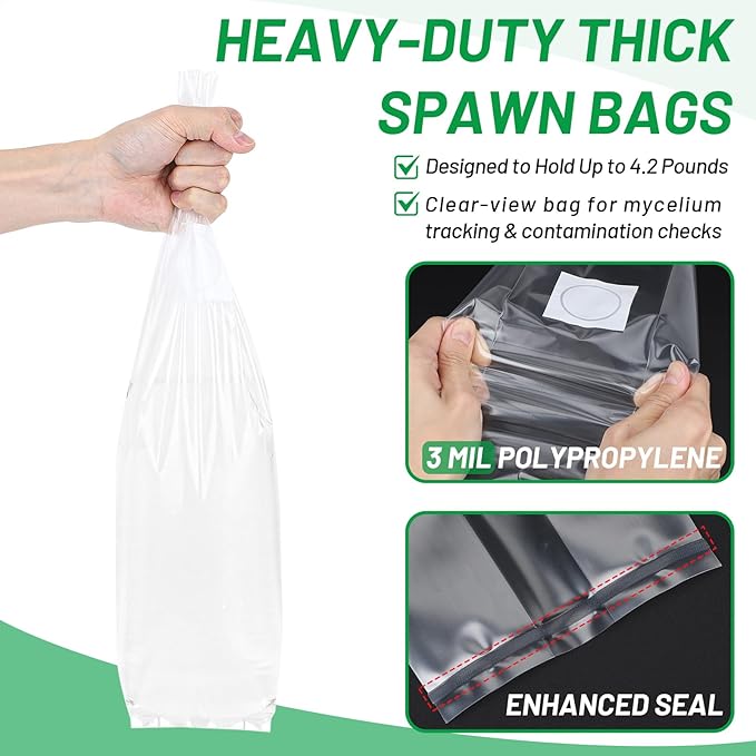 GREANER Mushroom Spawn Bag, 3 Mil Spawn Bag with Microporous Filter Patchs, Mushroom Growing Kit for Substrates, Grains, Plant, Bamboo(4"x3"x20")