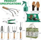 Gardening Tools 10 Pack Heavy Duty Rust-Proof Garden Tool Set with Organizer Tote Bag,Sturdy Repotting Mat,Gardening Gifts for Women Mom(Green)